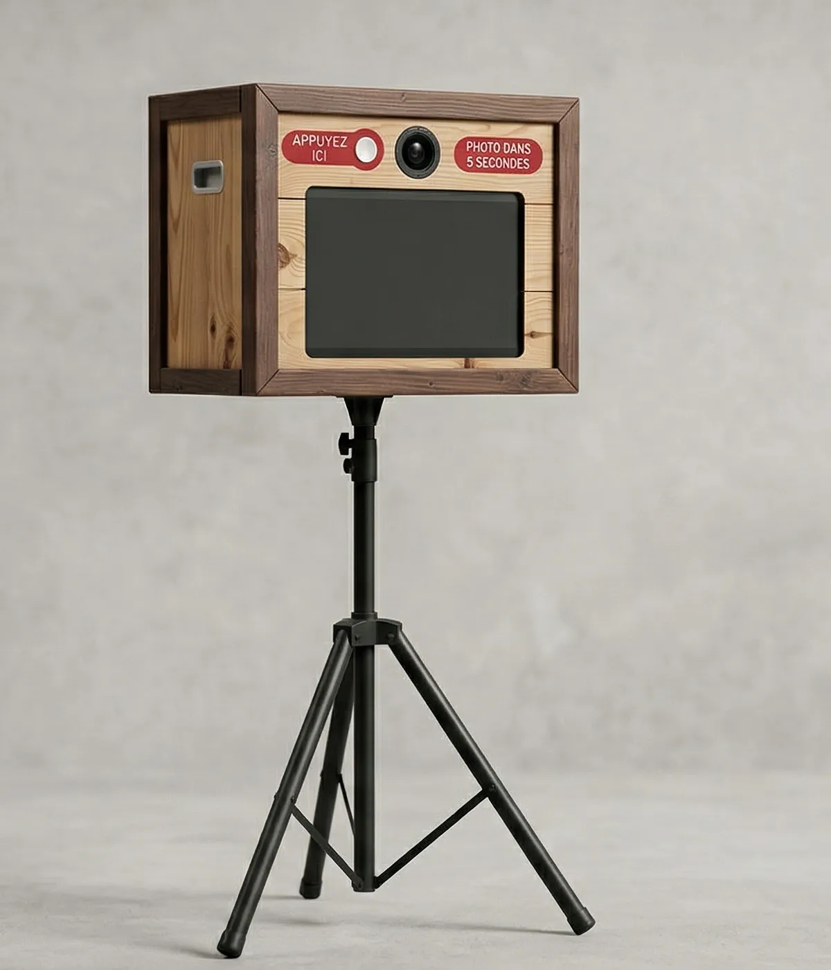 Photobooth JJLR Films — vue produit sur fond neutre, structure bois artisanale sur tr&eacute;pied